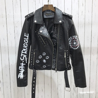 2021 nowa jesienna kobiety zima Faux miękkie skórzane kurtki płaszcze pani czarny PU z nitami z zamkiem błyskawicznym epolet 3D drukuj motocykl Streetwear 3